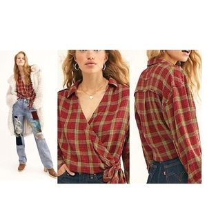 Free People Red Plaid Wrap Blouse